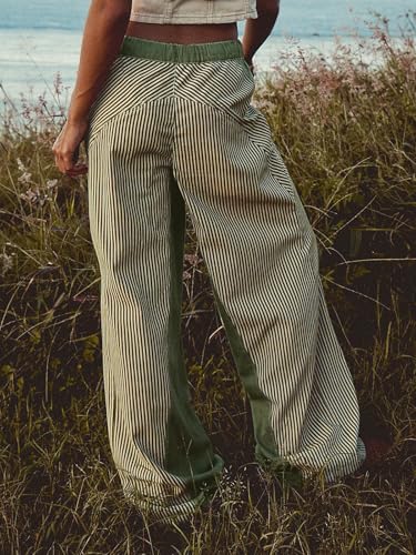 PEIHOT Low Rise Striped Pants for Women Pull On Drawstring Boho Wide Leg Jeans Trendy Green and White