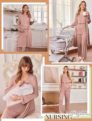 Maternity Sets Labor and Delivery Gown Postpartum Essentials Nursing Pajama - color: Dusty Pink, size: Medium