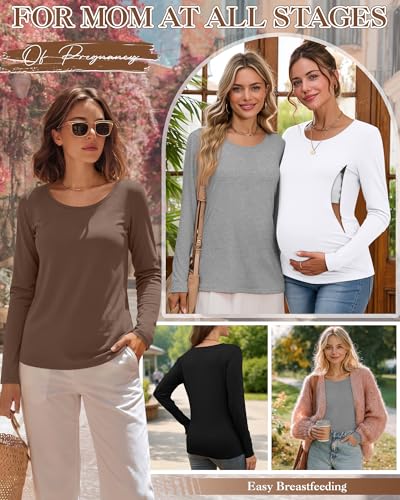 Oakgarden 4 Pack Women Cotton Nursing Tops for Breastfeeding - color: Brown, White, Gray, Black, size: Large
