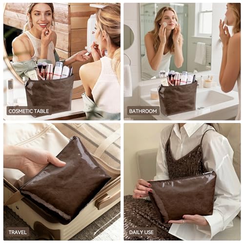 WLLWOO PVC Makeup Bag Waterproof Kraft Paper Cosmetic Pouch for Purse - color: PVC-Coffee