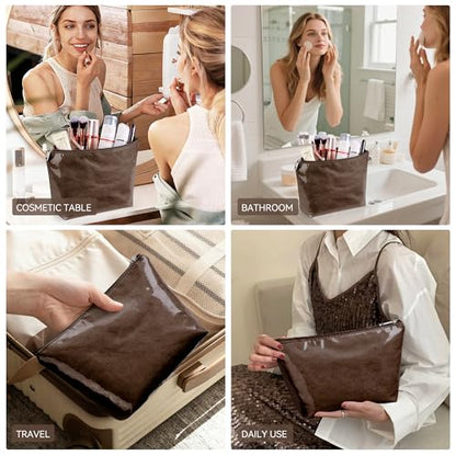 WLLWOO PVC Makeup Bag Waterproof Kraft Paper Cosmetic Pouch for Purse - color: PVC-Coffee