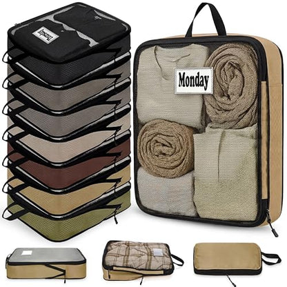7 Pcs Packing Cubes for Travel Days of Week, Brown, L - color: Brown, size: L