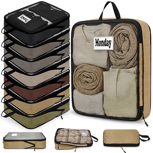 7 Pcs Packing Cubes for Travel Days of Week, Brown, L - color: Brown, size: L