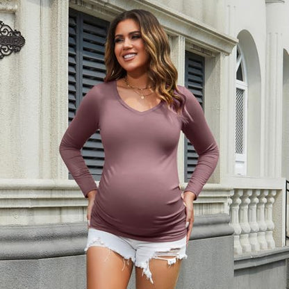 GINKANA Maternity Shirt Long Sleeve Basic Top Ruch Sides Buttons Tshirt for Pregnant - color: Mauve, size: X-Large
