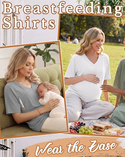 4 Pack Women's Nursing Short Sleeve Shirts - color: Light Brown, White, Light Gray, Black, size: Small