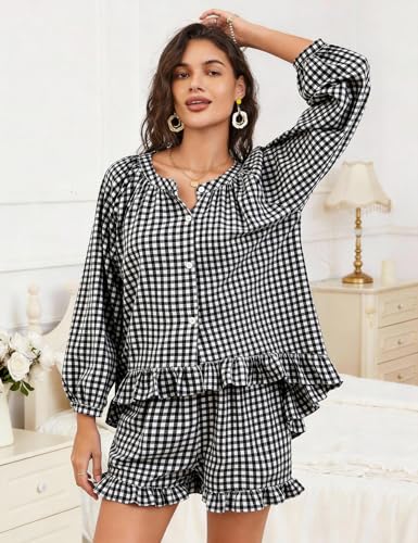Flygo Womens Gingham 2 Piece Pajama Sets Y2K Cotton Ruffle Short Sets - color: Black, size: X-Small