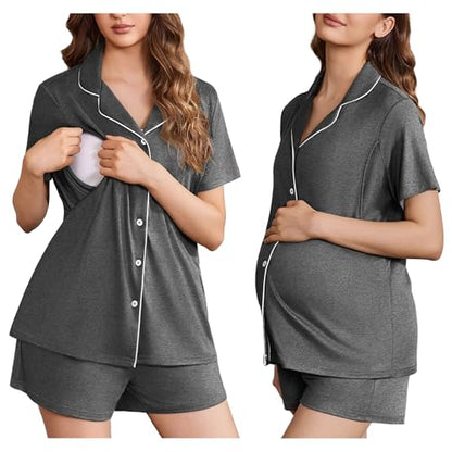 Ekouaer Maternity Sets Postpartum Nursing Pajamas for Women Summer Outfits - color: Dark Grey, size: Medium