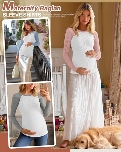 Neer 3 Pack Maternity Long Sleeve Shirts Ribbed Pregnancy Tops - color: Light Heather Gray, Blue, Pink, size: Small