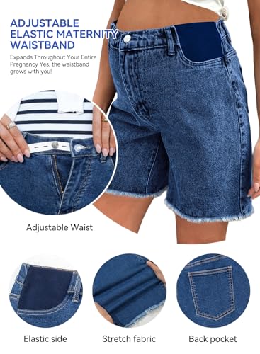 BLENCOT Maternity Jeans Bermuda Shorts Elastic Waist Raw Hem - color: Ashleigh Blue, size: Large