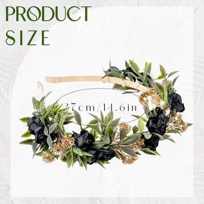 Black Flower Crown Headband, Fairy Dark Floral Headpiece - color: Black