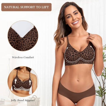OEAK Womens Wireless Jelly Bras Comfortable Gel Bra Everyday Tshirt Bras - color: Leopard Coffee, size: Medium
