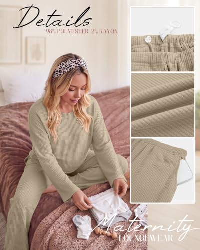 Huukeay Women's Maternity 2 Piece Waffle Outfits Lounge Set - color: Apricot, size: Medium
