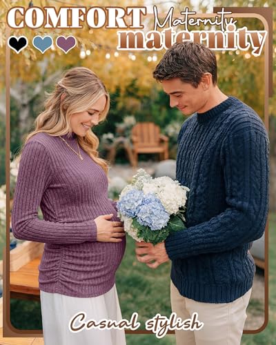 Neer 3 Pack Women's Maternity Mock Turtleneck Long Sleeve Tops - color: Fuchsia, Blue, Black, size: X-Large