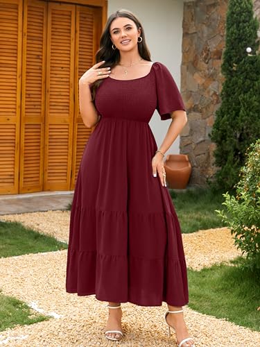 RWJ Women's Plus Size Summer Dresses Short Sleeve Smocked Boho Maxi Dress - color: Burgundy, size: XX-Large Plus