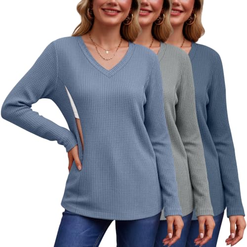 Huukeay 3 Pack Women's Waffle Knit Nursing Shirts - color: Light Blue, Light Gray, Haze Blue, size: Small
