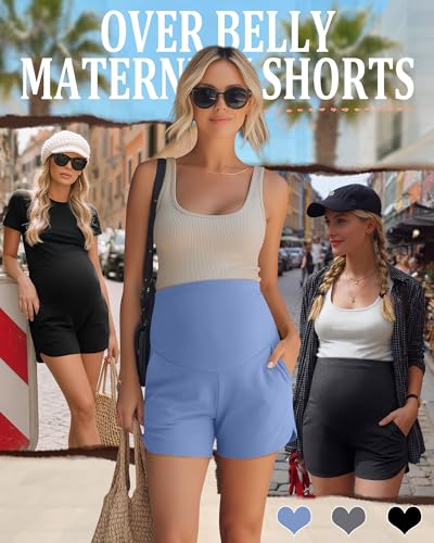 3 Pack Women's Maternity Shorts - color: Black, Dark Heather Grey, Sky Blue, size: XX-Large
