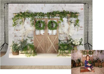 Kate Rustic White Painted Brick Wall Wood Door Photography Backdrops - size: 10x6.5ft