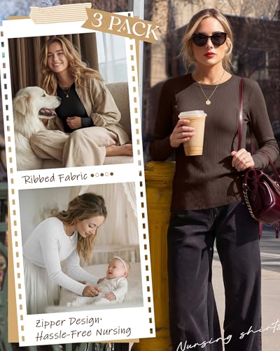 3 Pack Womens Long Sleeve Nursing Shirts, Ribbed Knit - color: Brown, White, Black, size: Small