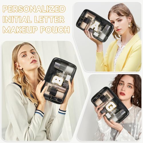 Initial Clear Makeup Bag, Birthday Gift Chenille Patch Cosmetic Bag - color: Black, size: D