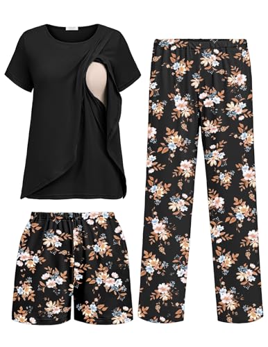 Ekouaer 3 PCS Maternity Nursing Pajamas Set Postpartum Breastfeeding PJS - color: Black Print, size: Medium