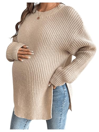 MakeMeChic Women's Maternity Knit Split Drop Shoulder Crew Neck Sweater - size: Large