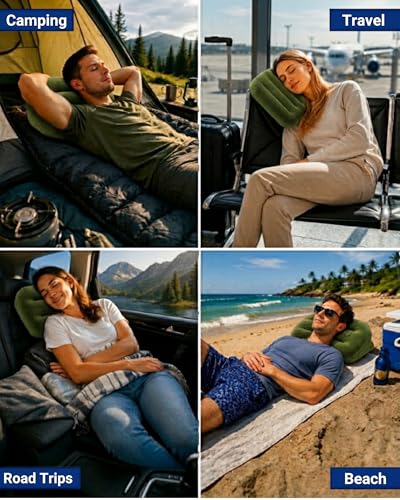 Inflatable Camping Pillow – Ultralight Compact Travel Pillow, Picnic–Green - color: Green