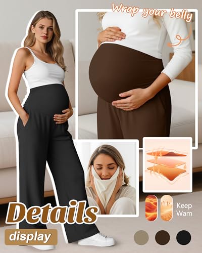 Oakgarden 3 Pack Women's Fleece Maternity Pants - color: Khaki, Brown, Black, size: Large