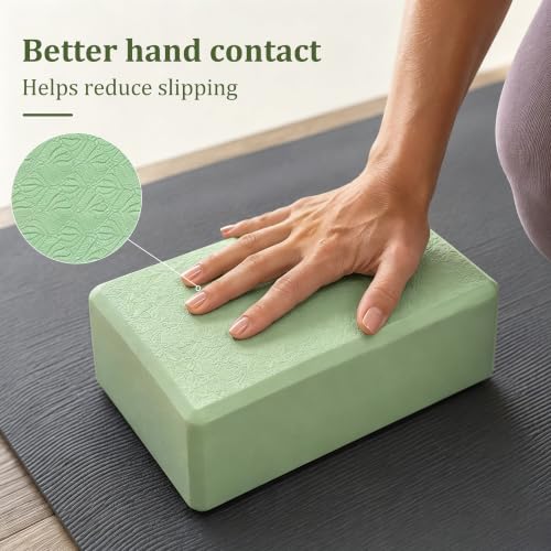 Yoga Blocks 2 Pack with Supportive Non-Slip Foam for Yoga Pilate Stretching - color: Mint Green-Leaf Pattern