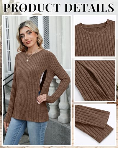 Womens Maternity Nursing Breastfeeding Ribbed Shirt - color: Brown, size: Large