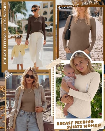 3 Pack Womens Long Sleeve Nursing Shirts, Ribbed Knit - color: Apricot, Camel, Brown, size: Large