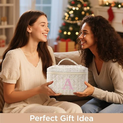 HBselect 2Pcs Initial Makeup Bag Personalized Quilted Cosmetic Bag - color: 2Pcs Pinkflower, style: P