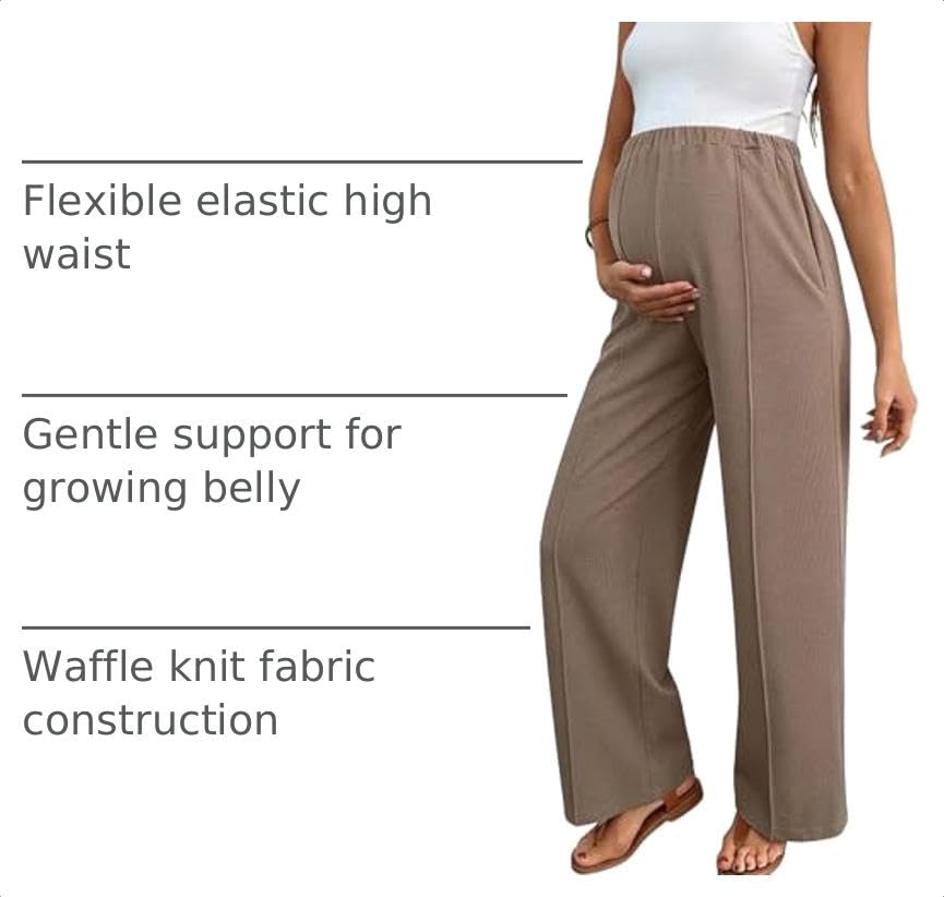 BLENCOT Women's Maternity Pants Work Adjustable Waisted Wide Leg Waffle Knit Trousers Pregnancy Clothes with Pockets - color: Khaki, size: Medium