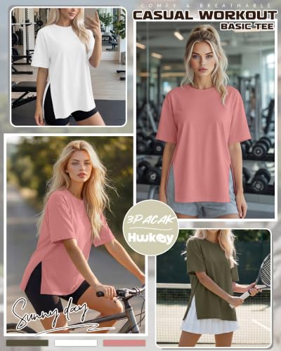 Huukeay 3 Pack Women's Oversized T Shirts Workout Tops - color: Army Green, White, Bean Paste Pink, size: Medium