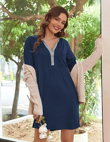 Ekouaer Women's Nightgowns Long Sleeve Button Down V Neck Pajama Dress - color: Navy Blue, size: Small