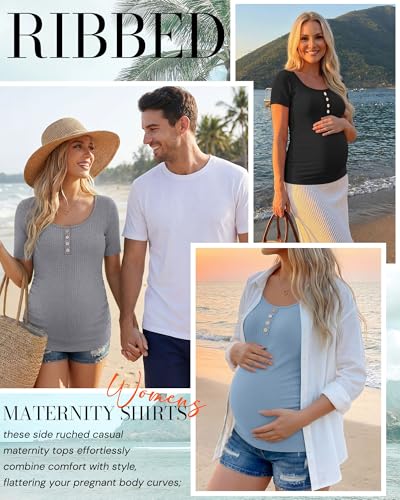 4 Pack Womens Short Sleeve Maternity Shirts - color: Light Pink, Light Blue, Light Heather Gray, Black, size: Large