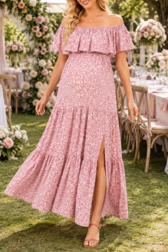 Talisea Maternity Off Shoulder Ruffle Maxi Dress Pregnancy Baby Shower - color: Pink Floral, size: Large