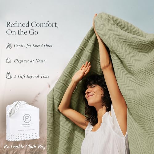 Threadmill Luxury 100% Cotton Queen Herringbone Blanket, Moss Green - color: Moss Green, size: Queen (90" x 92")