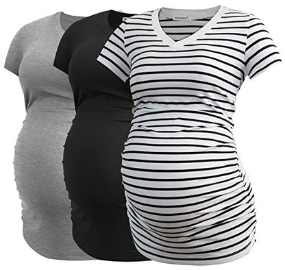 Smallshow Women's V Neck Maternity Clothes Tops Side Ruched Pregnancy T Shirt - color: Black-light Grey-white Stripe(3 Pack), size: X-Large