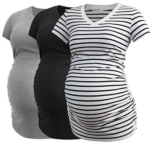Smallshow Women's V Neck Maternity Clothes Tops Side Ruched Pregnancy T Shirt - color: Black-light Grey-white Stripe(3 Pack), size: Medium