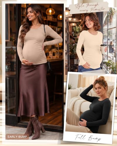 Huukeay 4 Pack Women's Maternity T-Shirts Long Sleeve Shirts - color: Black, Coffee, Khaki, Apricot, size: Small