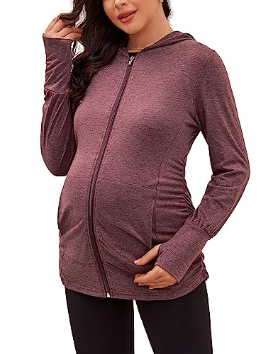 DEBELLY Maternity Sweatshirt Zip Up Hoodie Pockets Pregnancy Postpartum - color: Burgundy, size: Small