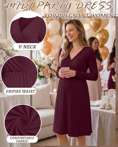 Locoowai Maternity Wrap Long Sleeve Dress V Neck Fall Dress - color: Burgundy, size: Medium