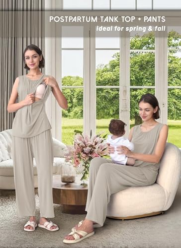 Rnxrbb 3 PCS Nursing Pajamas Robe Set Maternity Postpartum Pjs for Hospital - color: Beige, size: XX-Large