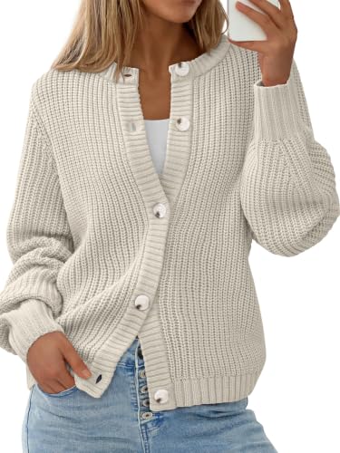 PRETTYGARDEN Women's Chunky Knit Button Up Cardigan Sweaters Outerwear - color: Beige, size: Medium