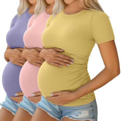Ficerd 3 Pack Women's Short Sleeve Maternity Shirts - color: Lavender Purple, Light Pink, Bright Yellow, size: Medium