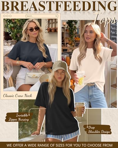 Riyiper 3 Pack Women's Nursing Short Sleeve Shirts - color: Dark Blue, Beige, Black, size: Medium