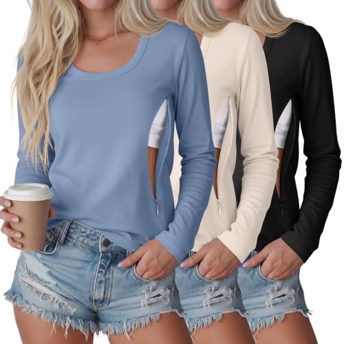 3 Pack Women's Long Sleeve Nursing Tops - color: Light Gray Blue, Cream, Black, size: XX-Large