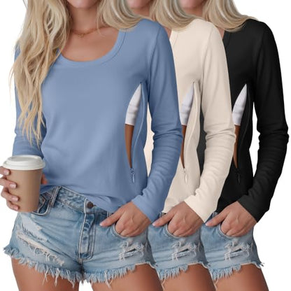 3 Pack Women's Long Sleeve Nursing Tops - color: Light Gray Blue, Cream, Black, size: XX-Large