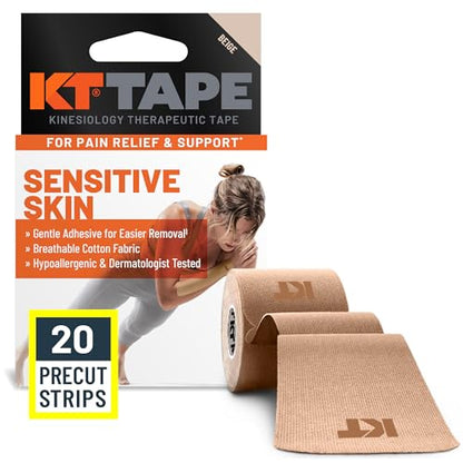 KT Tape, Kinesiology Athletic Tape, Gentle Adhesive for Sensitive Skin, 20 Count, 10" Precut Strips, Beige