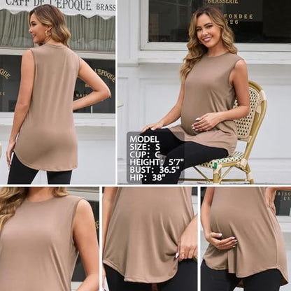 GINKANA 3 Pack Maternity Tank Tops Sleeveless Pregnancy Shirts Clothes - color: Black/Brown/White, size: Large